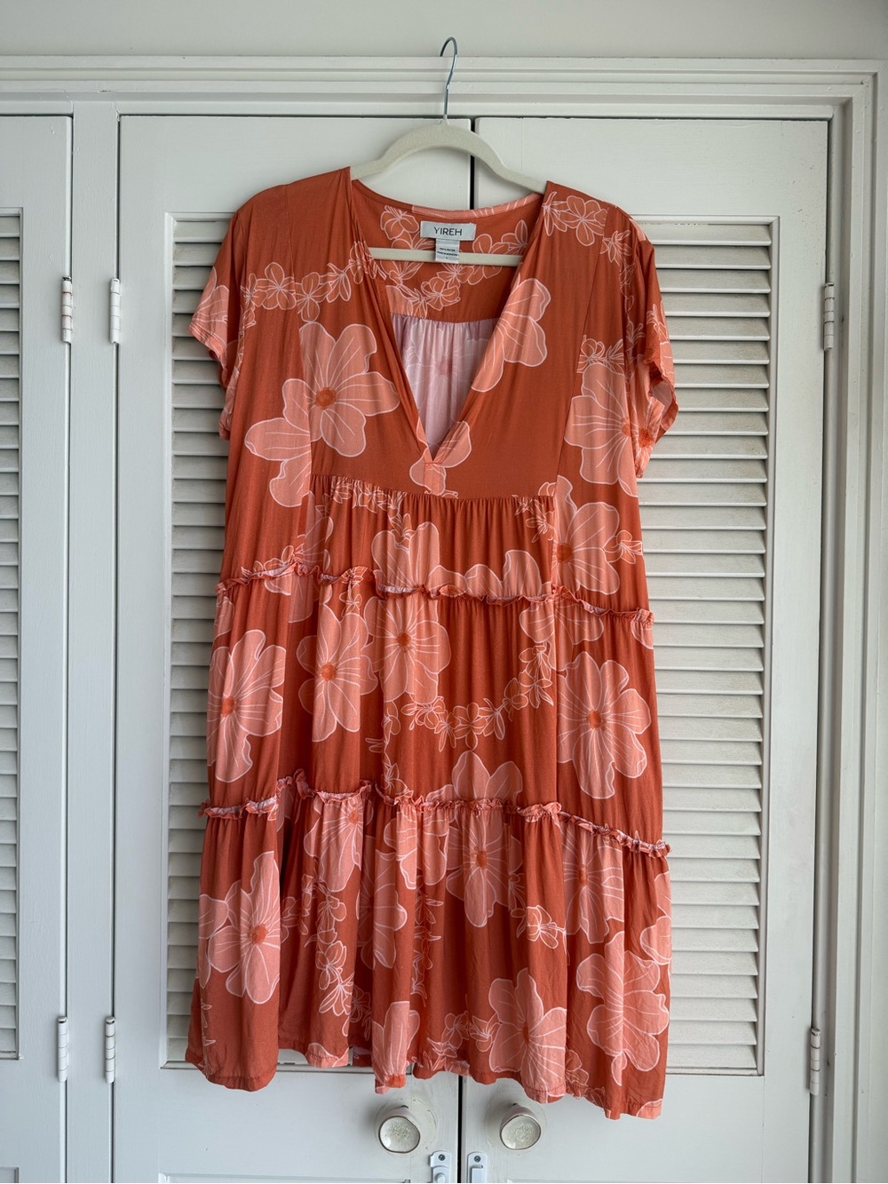 Yireh Coral Floral Tiered Midi Dress